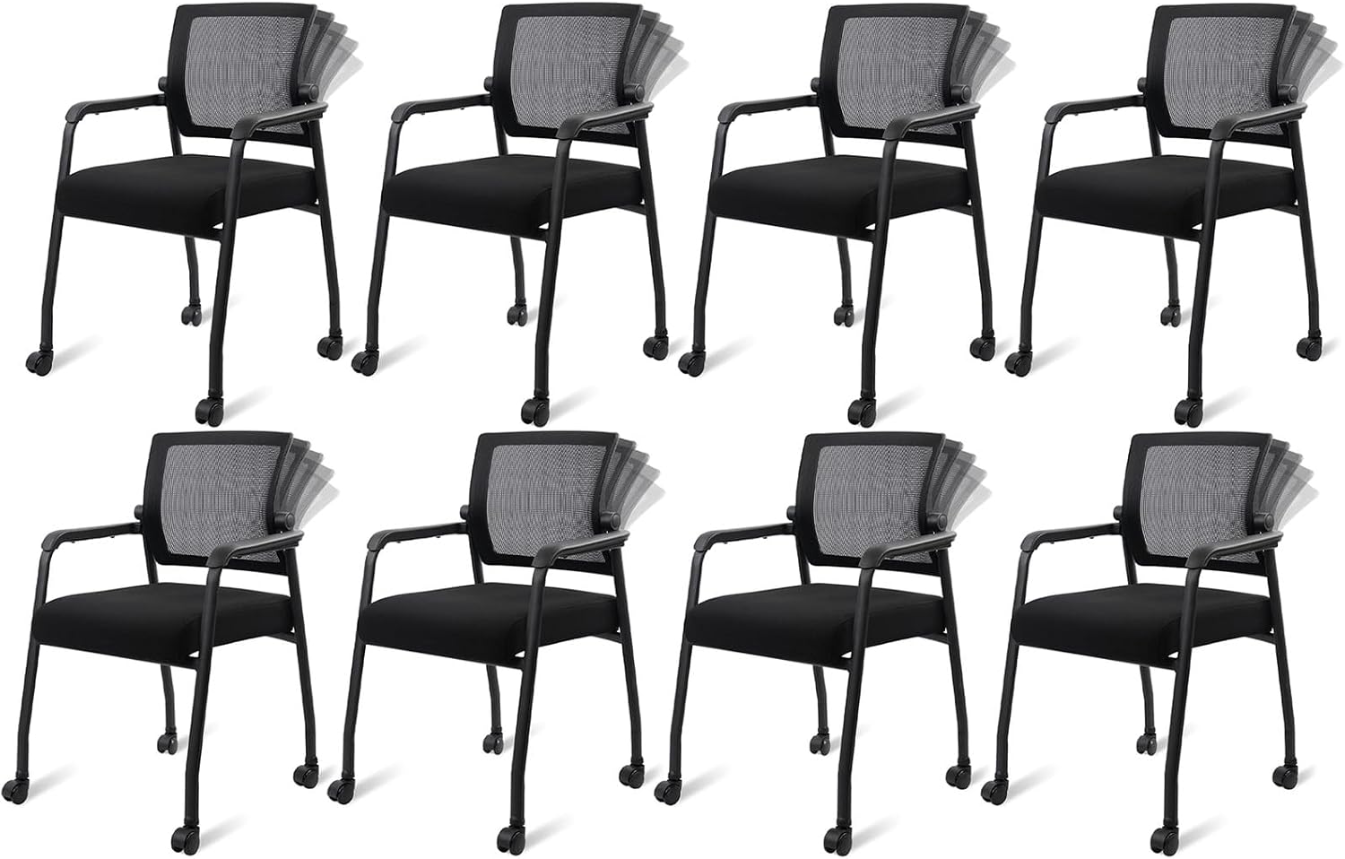 KLASIKA Ergonomic Mesh Back Armchairs with Non-Slip Mute Casters and Upholstered Fabric Thickened Seat, Reception Guest Chair with Lumbar Support for School Church Office Conference Room, Black 8Pack