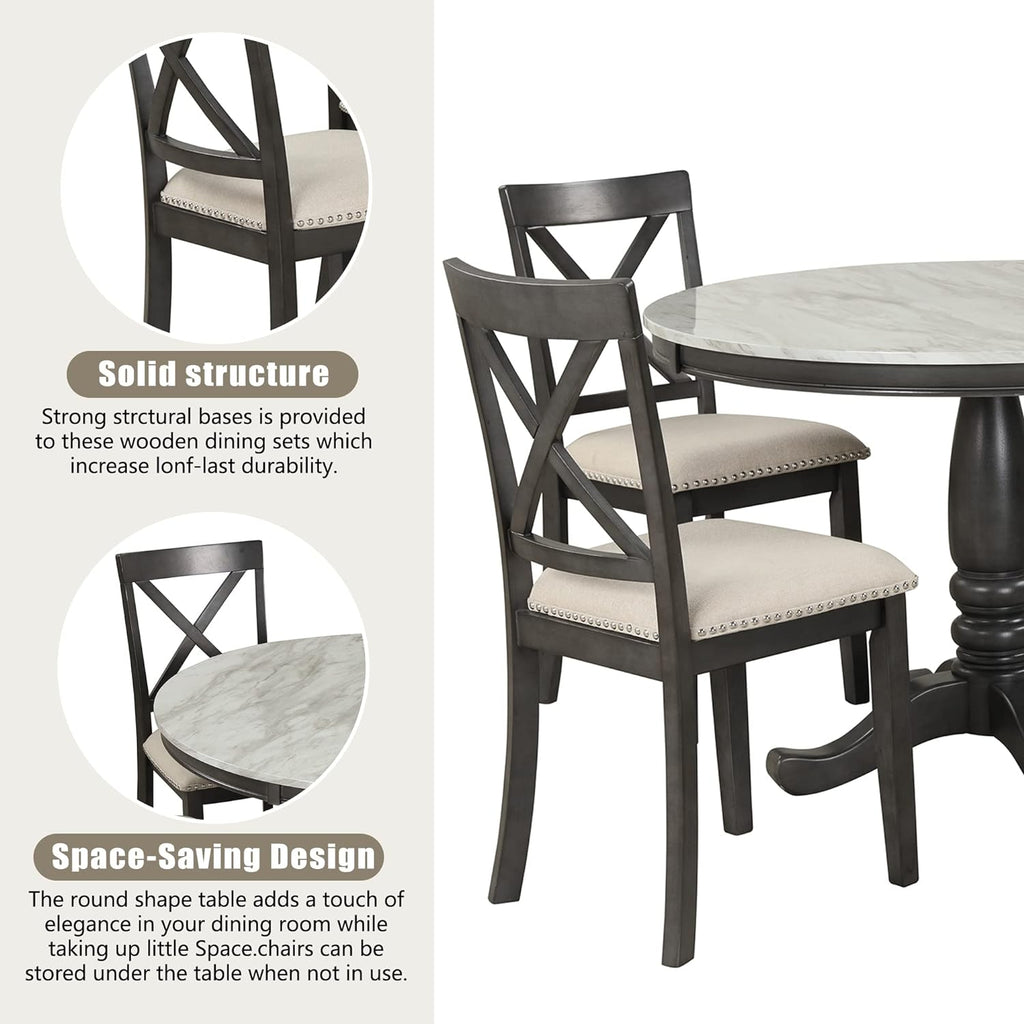 Merax 5 Piece Dining Table Set for 4, Solid Wood Kitchen Table Set with 4 Upholstered Chairs for Kitchen, Dining Room, Living Room, Grey