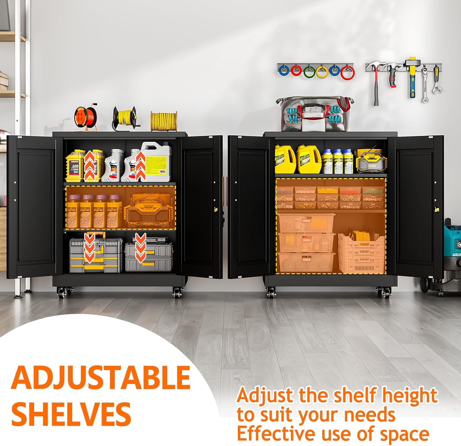 Metal Storage Cabinet with Wheels, 36" Tall Locking Storage Cabinet with 2 Adjustable Shelves, Locking Garage Cabinet, Steel Locker Organizer, for Office, Home, School, Black