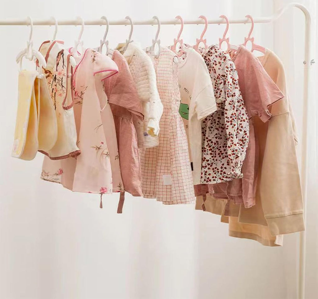 50pcs Pink Baby Hangers, Non-Slip and Extendable Laundry Infant Pant Hanger for Newborn Clothes Hangers,11"-14'' Adjustable Children Coat Hanger for Girl Boy Toddler Kids Child.