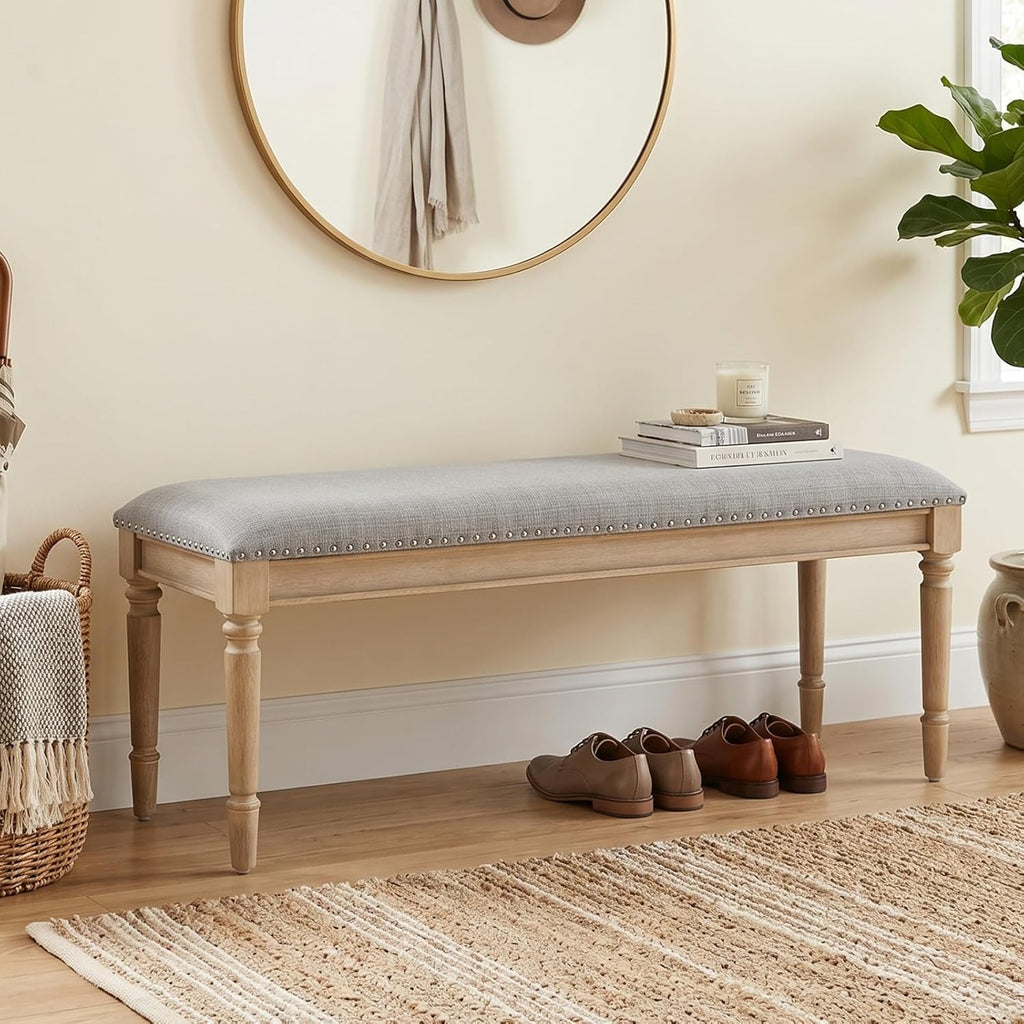 chairus Farmhouse Dining Bench 46" Wooden Entryway Bench with Padded Seat and Nailhead Trim for Kitchen Bedroom,Indoor and Hallway, Grey Linen