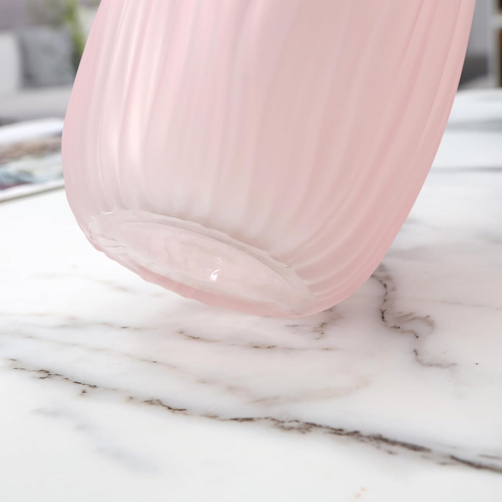 Large Ribbed Glass Vase 8in Frosted Pink Elegant Decorative Vases for Home Flowers Arrangements, Centerpieces, and Modern Décor
