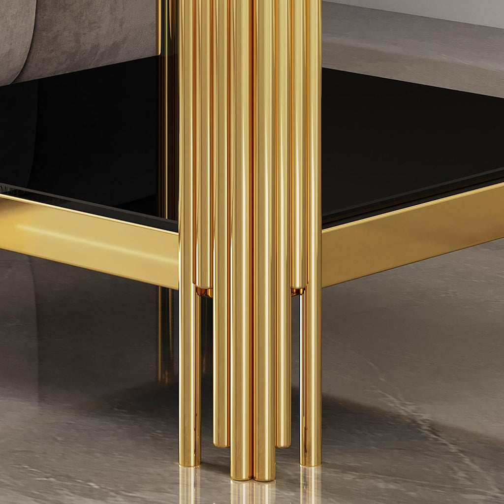 Modern Square End Table Black Glass Sofa Side Table with Gold Stainless Steel Base, Luxury 2-Tier Small Accent Tables with Glass Top & Lower Shelf for Living Room Apartment