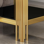 Modern Square End Table Black Glass Sofa Side Table with Gold Stainless Steel Base, Luxury 2-Tier Small Accent Tables with Glass Top & Lower Shelf for Living Room Apartment