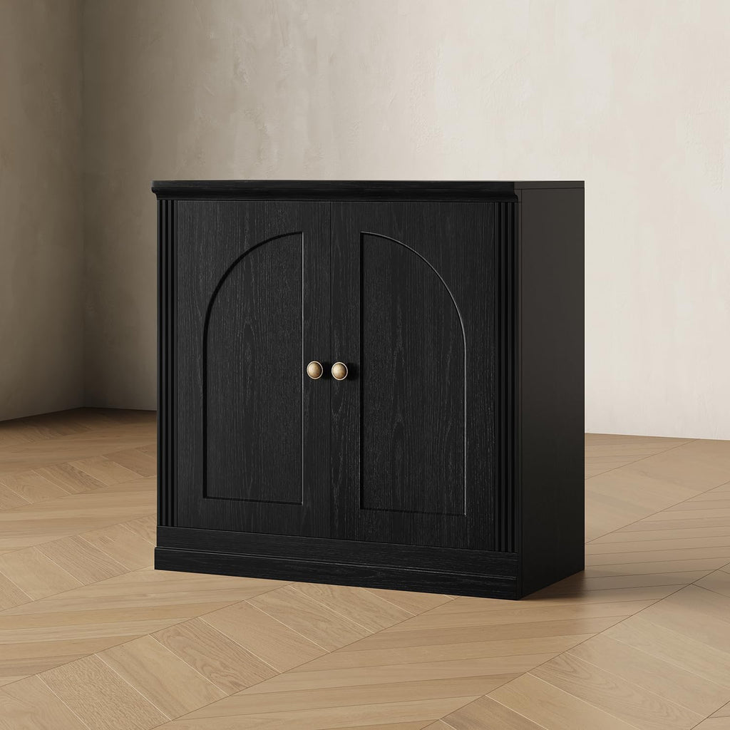 CHIC HOUSE Monos Storage Cabinet with Doors & Shelves, Modular Fluted Accent Arched Cabinet, Sideboard Buffet Coffee Bar Kitchen Pantry Cabinet, Media Console Credenza for Living Room, Black