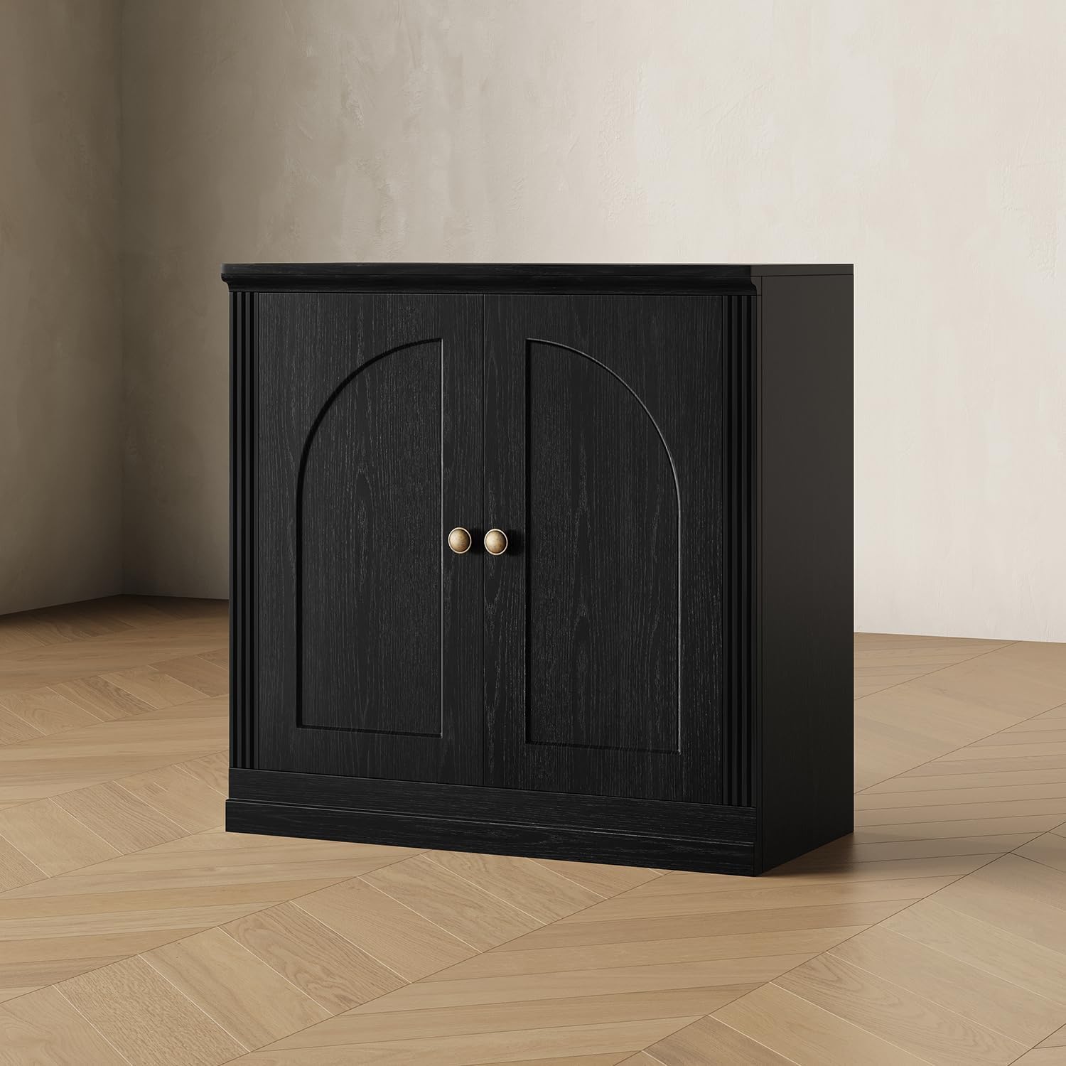 CHIC HOUSE Monos Storage Cabinet with Doors & Shelves, Modular Fluted Accent Arched Cabinet, Sideboard Buffet Coffee Bar Kitchen Pantry Cabinet, Media Console Credenza for Living Room, Black