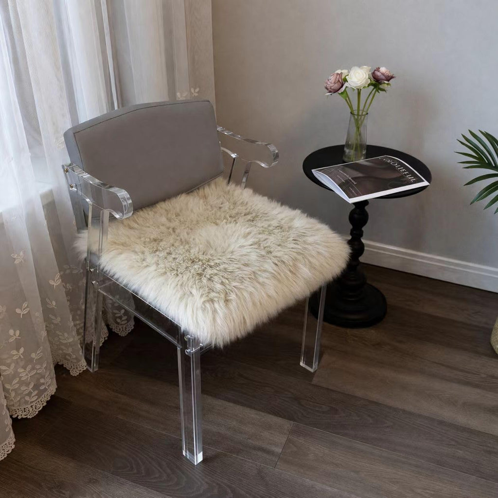 Sheepskin Chair Cushion Non-Slip Back Square Genuine Fur Chair Cover Silky Natural Wool Seat Cushion Pad Soft Area Rugs Carpet for Home Office Restaurant Chair 18x18 Inch (Pack of 2), Flaxen