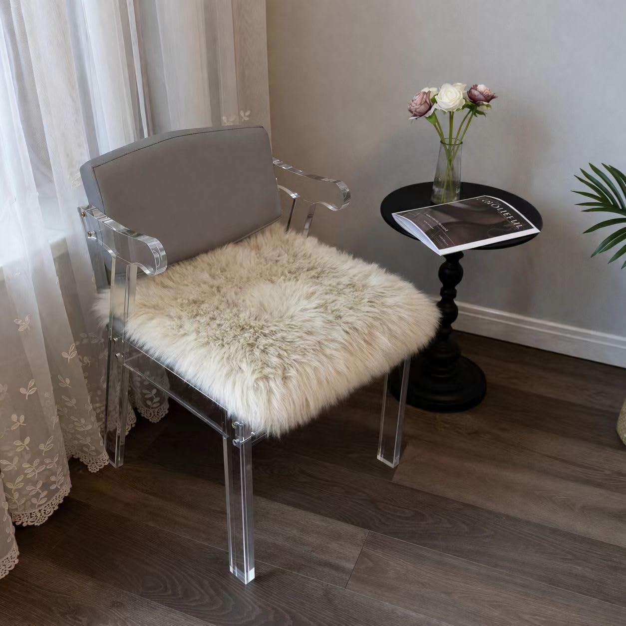 Sheepskin Chair Cushion Non-Slip Back Square Genuine Fur Chair Cover Silky Natural Wool Seat Cushion Pad Soft Area Rugs Carpet for Home Office Restaurant Chair 18x18 Inch (Pack of 2), Flaxen