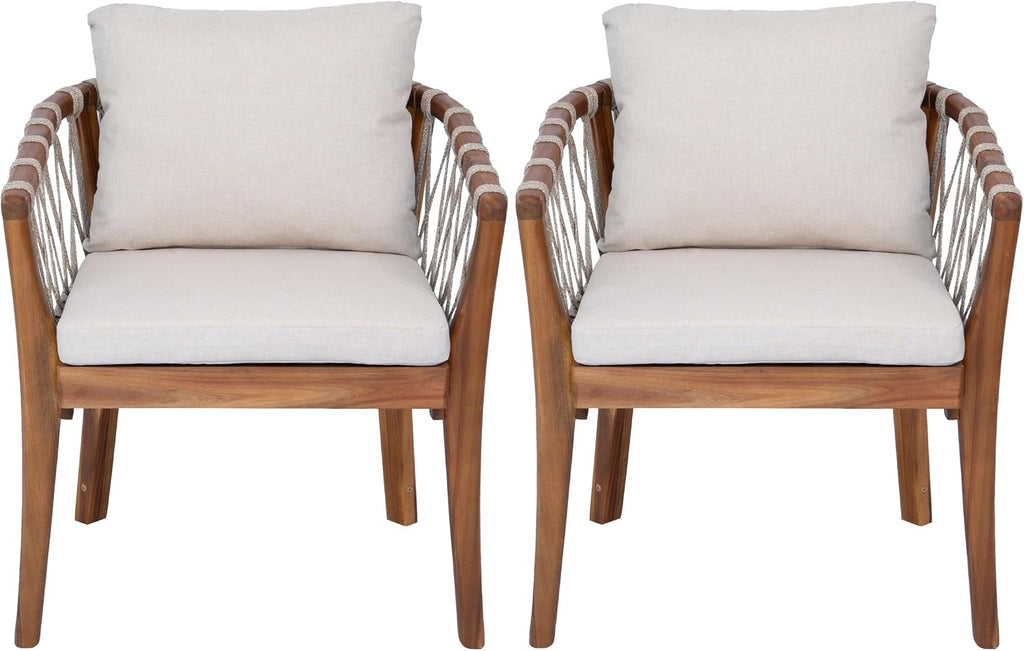 Elountik Patio Dining Chairs Set of 2, Acacia Wood Frame with Teak Finish, Multi Brown Rope Weave, Water Repellent Beige Cushion for Backyard Garden Balcony