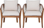 Elountik Patio Dining Chairs Set of 2, Acacia Wood Frame with Teak Finish, Multi Brown Rope Weave, Water Repellent Beige Cushion for Backyard Garden Balcony