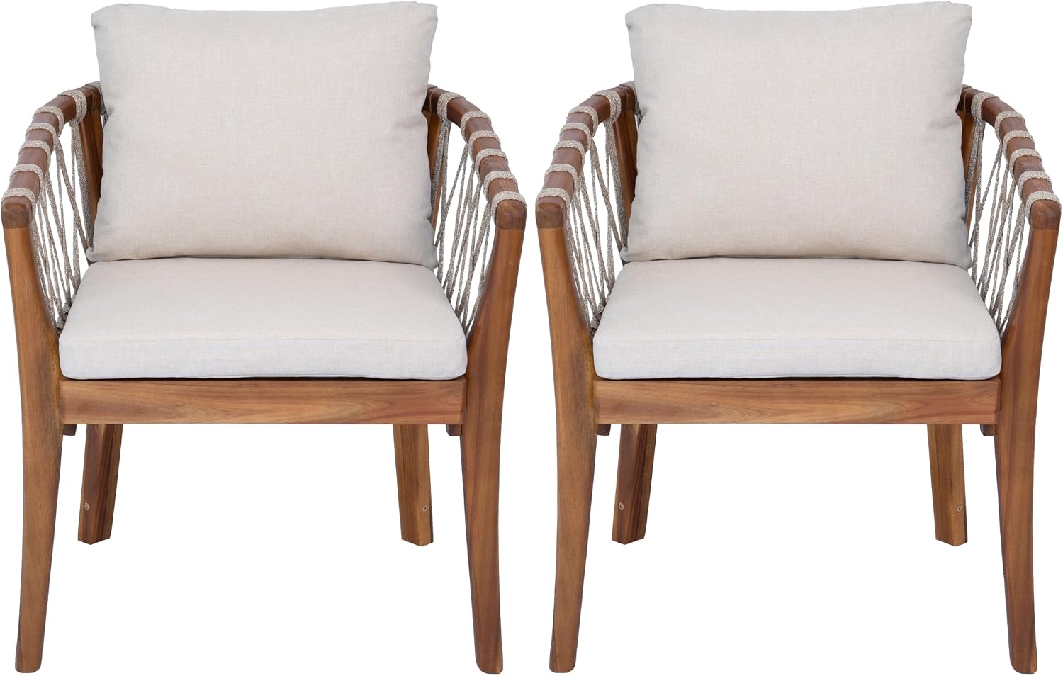Elountik Patio Dining Chairs Set of 2, Acacia Wood Frame with Teak Finish, Multi Brown Rope Weave, Water Repellent Beige Cushion for Backyard Garden Balcony