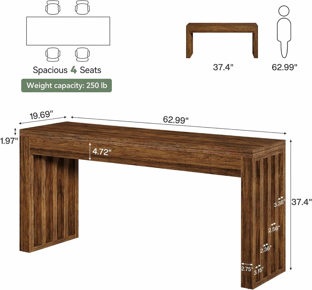 Tribesigns 63" Bar Table, Farmhouse Counter Height Pub Table for 4, Rectangular High Top Home Bar for Kitchen, Dining Room & Small Spaces, Rustic Brown