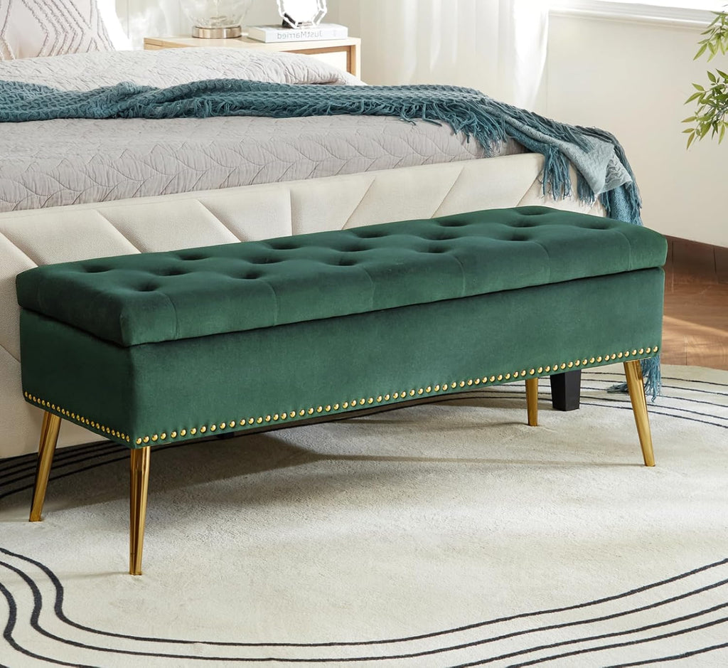 45.5" Luxury Velvet Storage Ottoman Bench with Button Tufted & Nailhead Trim, Upholstered Entryway Benches with Gold Legs, Multi-Functional Footstool for Bedroom End of Bed, Green