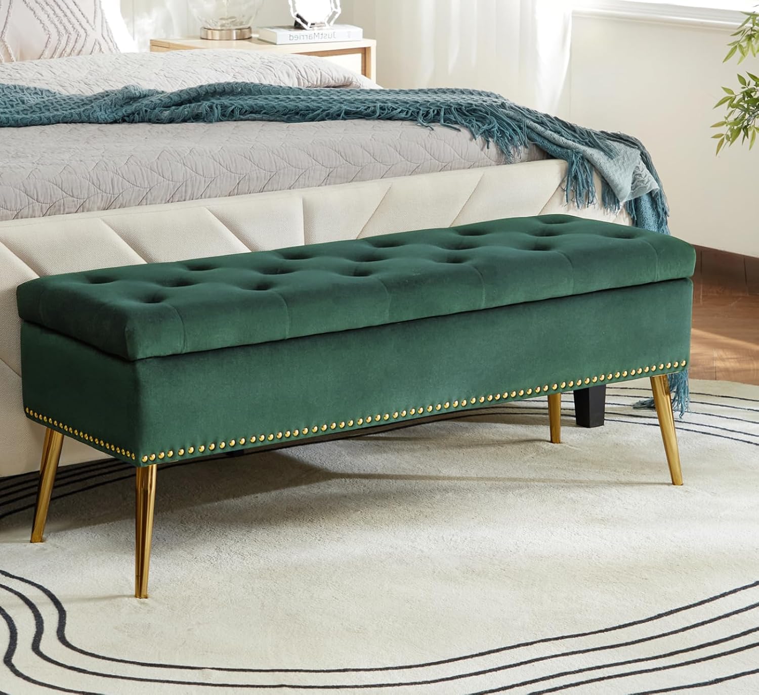 45.5" Luxury Velvet Storage Ottoman Bench with Button Tufted & Nailhead Trim, Upholstered Entryway Benches with Gold Legs, Multi-Functional Footstool for Bedroom End of Bed, Green