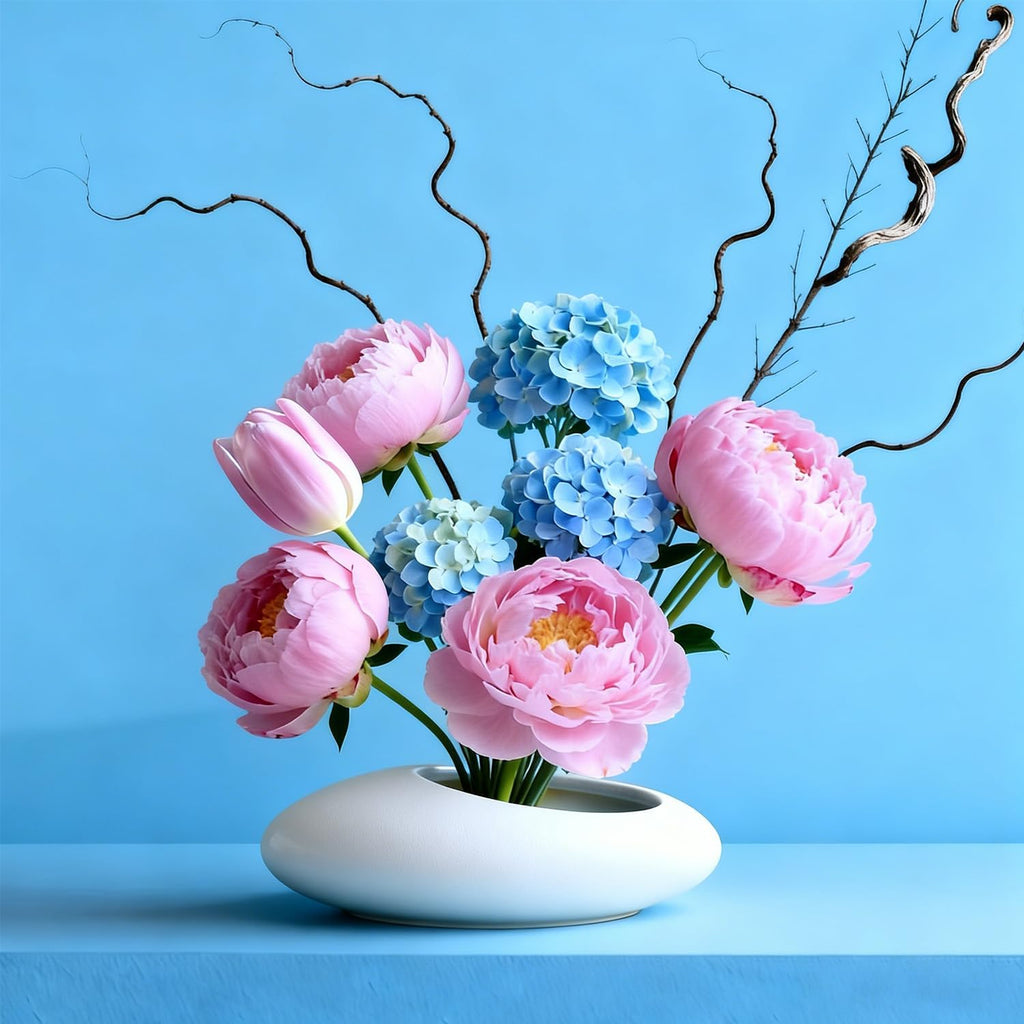 Flower Frog Vase Kit, Ikebana Flower Arrangement, Ceramic Water Drop Flower Pot & Flower Frog Flower Arrangement Vase Kit (White Small Size)