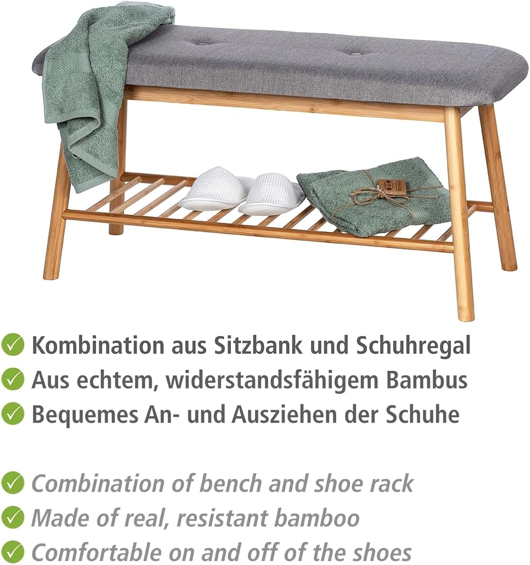 WENKO Entryway Bench with Shoe Storage, Shoe Storage Bench, Shoe Bench with Padded Seat, Bamboo Shoe Rack, Shoe Shelf, Grey, 90 x 45 x 34 cm
