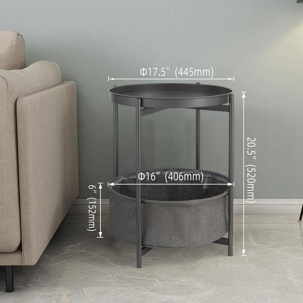 Round Side Table with Fabric Storage Basket, Metal Nightstand with Removable Tray Top, for Living Room, Bedroom, Nursery, Bathroom