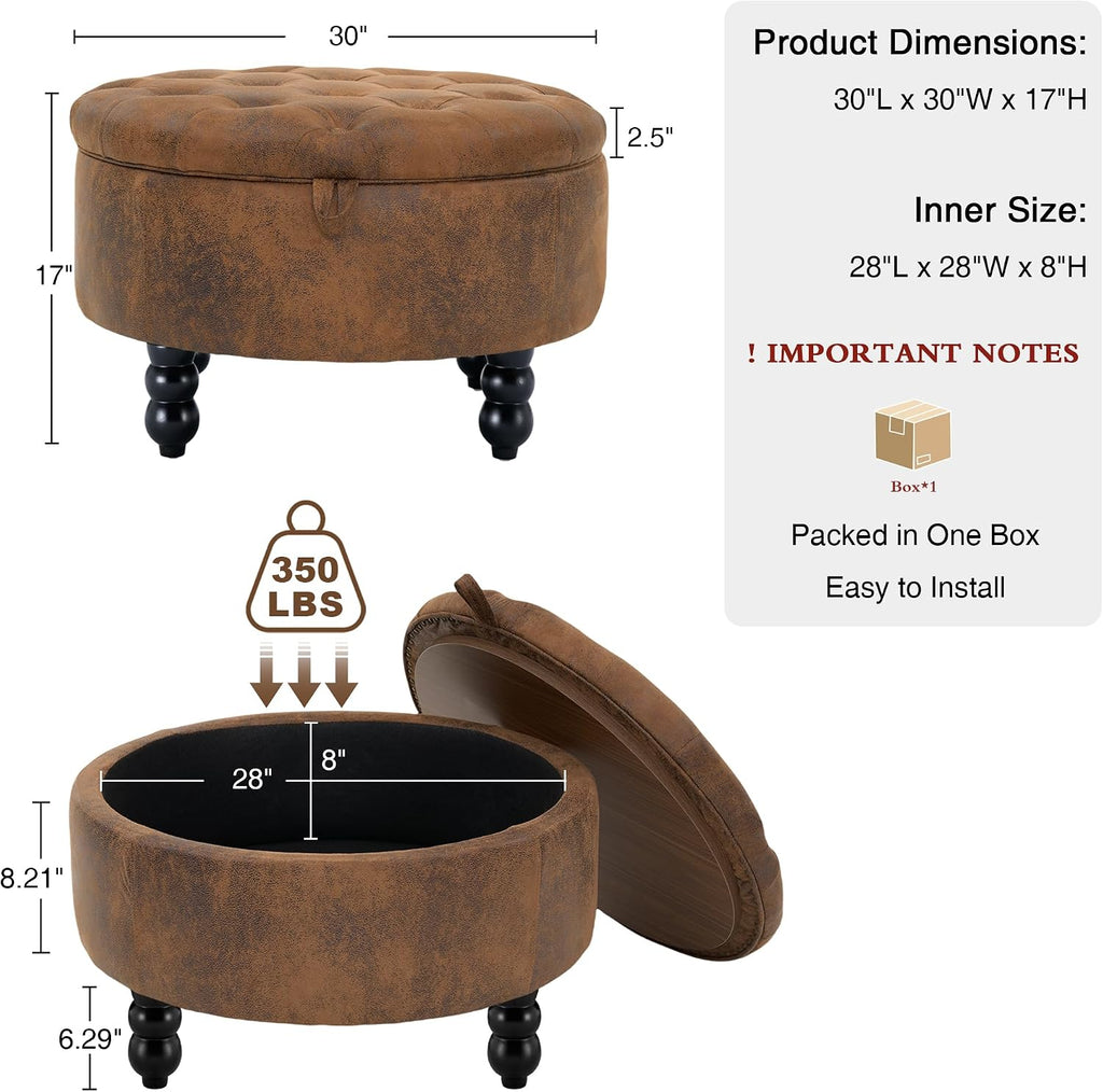 30 Inch PU Leather Round Storage Ottoman with Tray, Modern Upholstered Tufted Coffee Table with Storage, Large Ottoman Footrest Stool for Living Room, Bedroom, Dorm, Light Brown