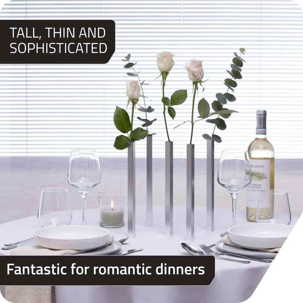 PELEG DESIGN Magnetic Bud Vase Set (Silver) - Unique Home Decor Gift & Modern Table Centerpiece - 5 Aluminum Single Stem Vases - 9.4" Tall Gravity Defying Decor