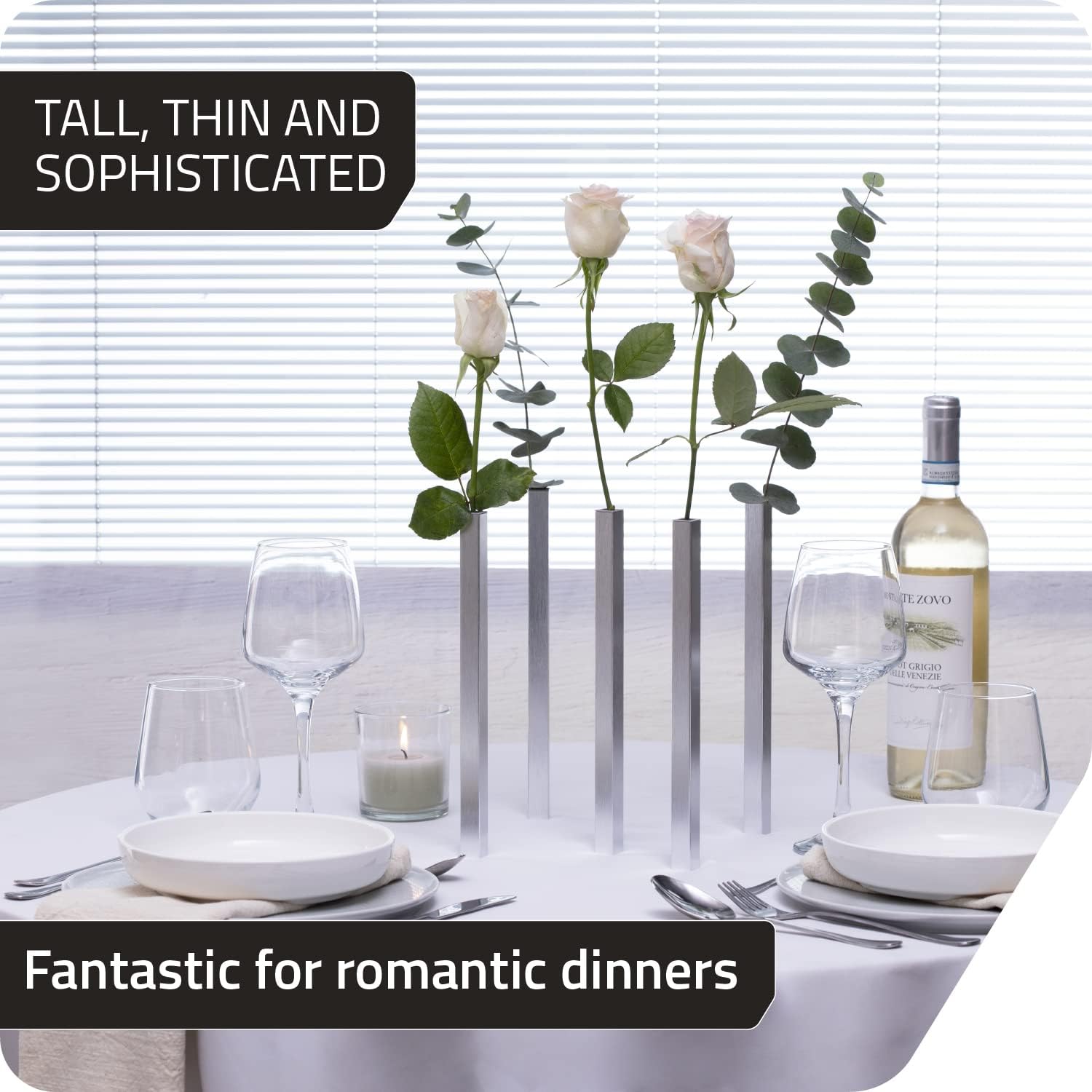 PELEG DESIGN Magnetic Bud Vase Set (Silver) - Unique Home Decor Gift & Modern Table Centerpiece - 5 Aluminum Single Stem Vases - 9.4" Tall Gravity Defying Decor