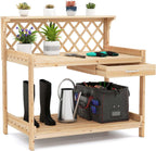 TANGZON Garden Potting Table, Solid Fir Wood Planting Workstation with Versatile trellis, Drawer, Raised Edge, Top & Lower Shelf, Wooden Flower Potting Bench for Backyard Balcony Lawn