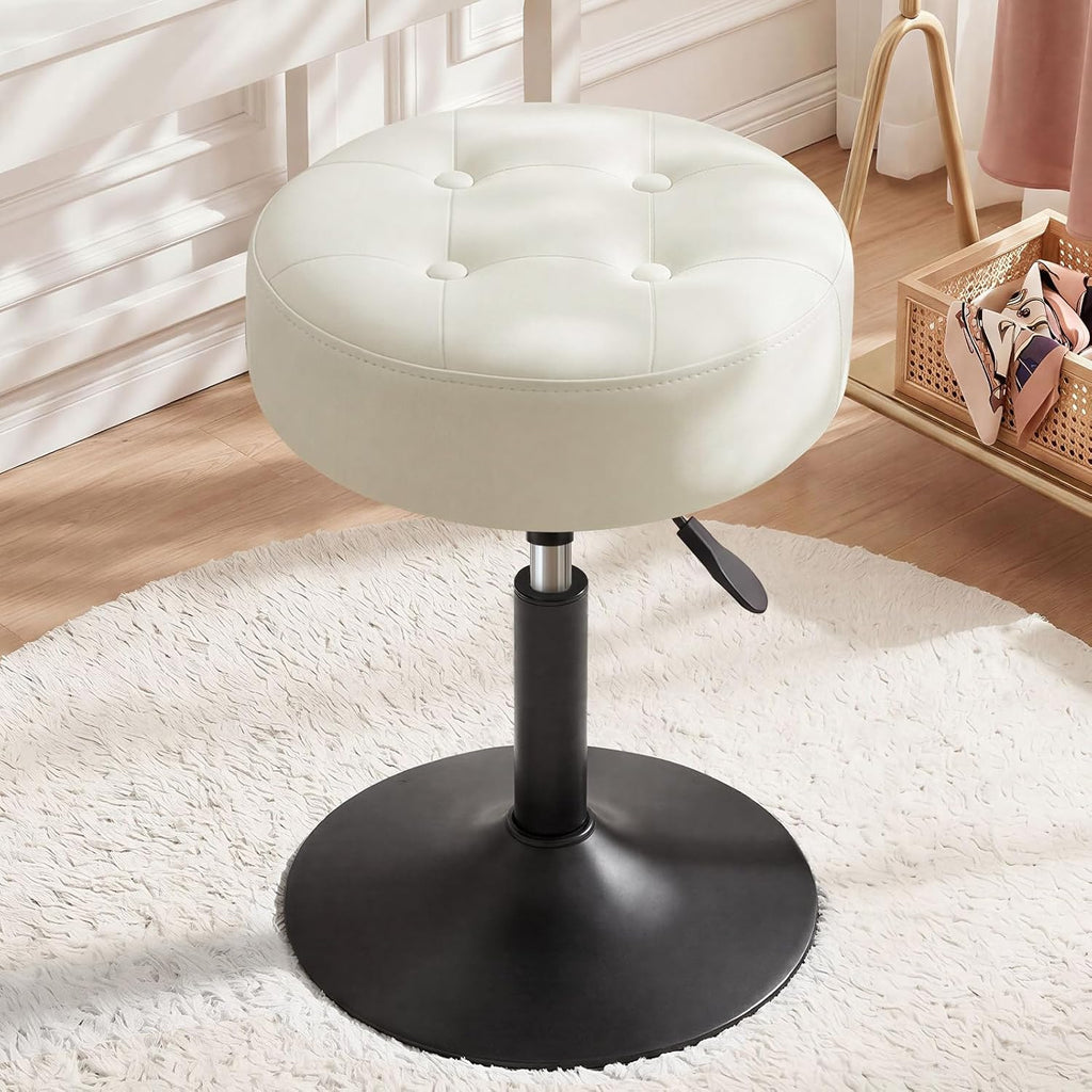 Furniliving Adjustable Swivel Vanity Stool, Makeup Ottoman Stool, PU Leather Chair for Makeup Room, Small Makeup Stool for Vanity, Bedroom, Living Room, White