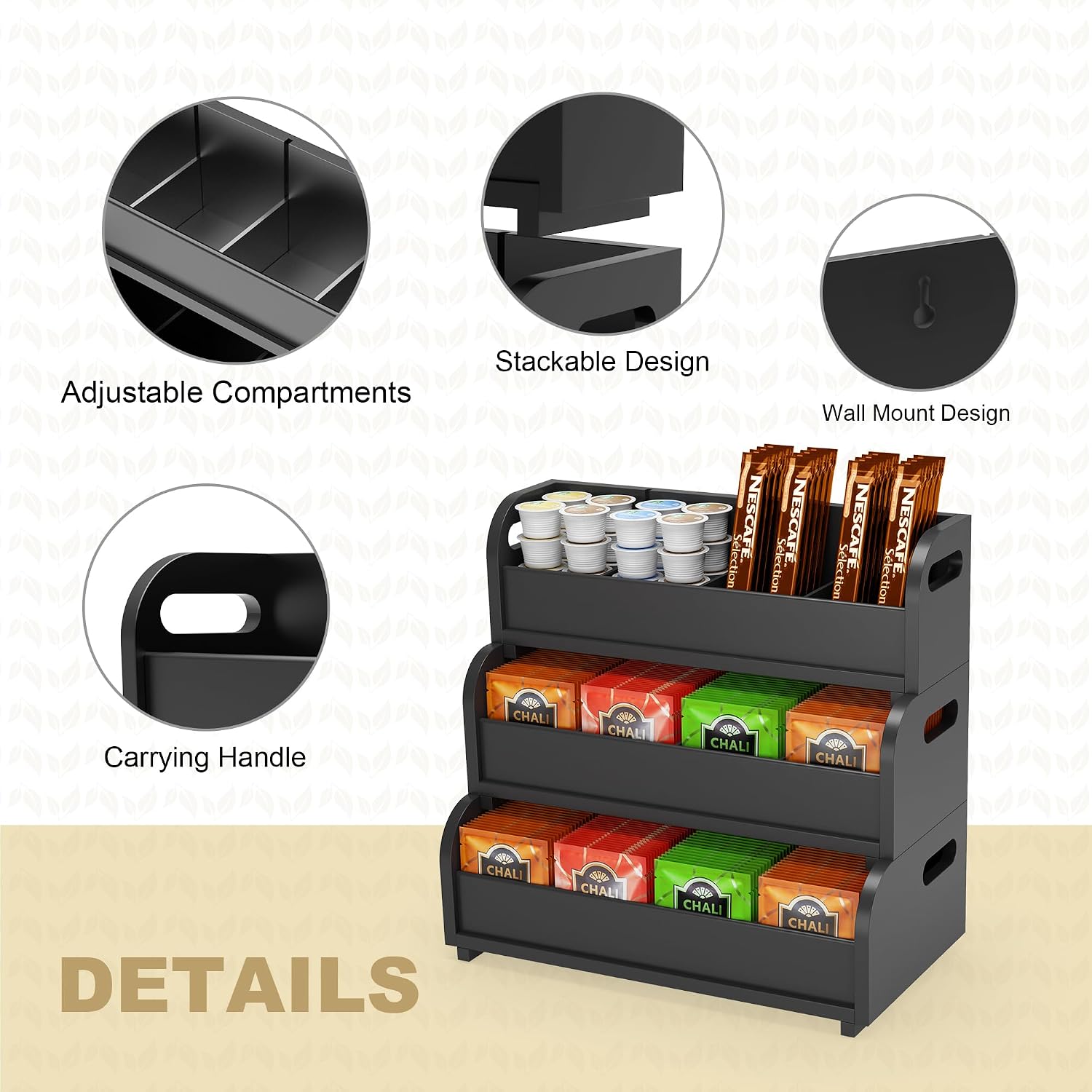 Tea Bag Organizer Storage Holder- Bamboo Countertop Teabag Display Rack 3-Tier Stackable Wall Mount Large Capacity for Pantry Kitchen Office Coffee Station (Black)