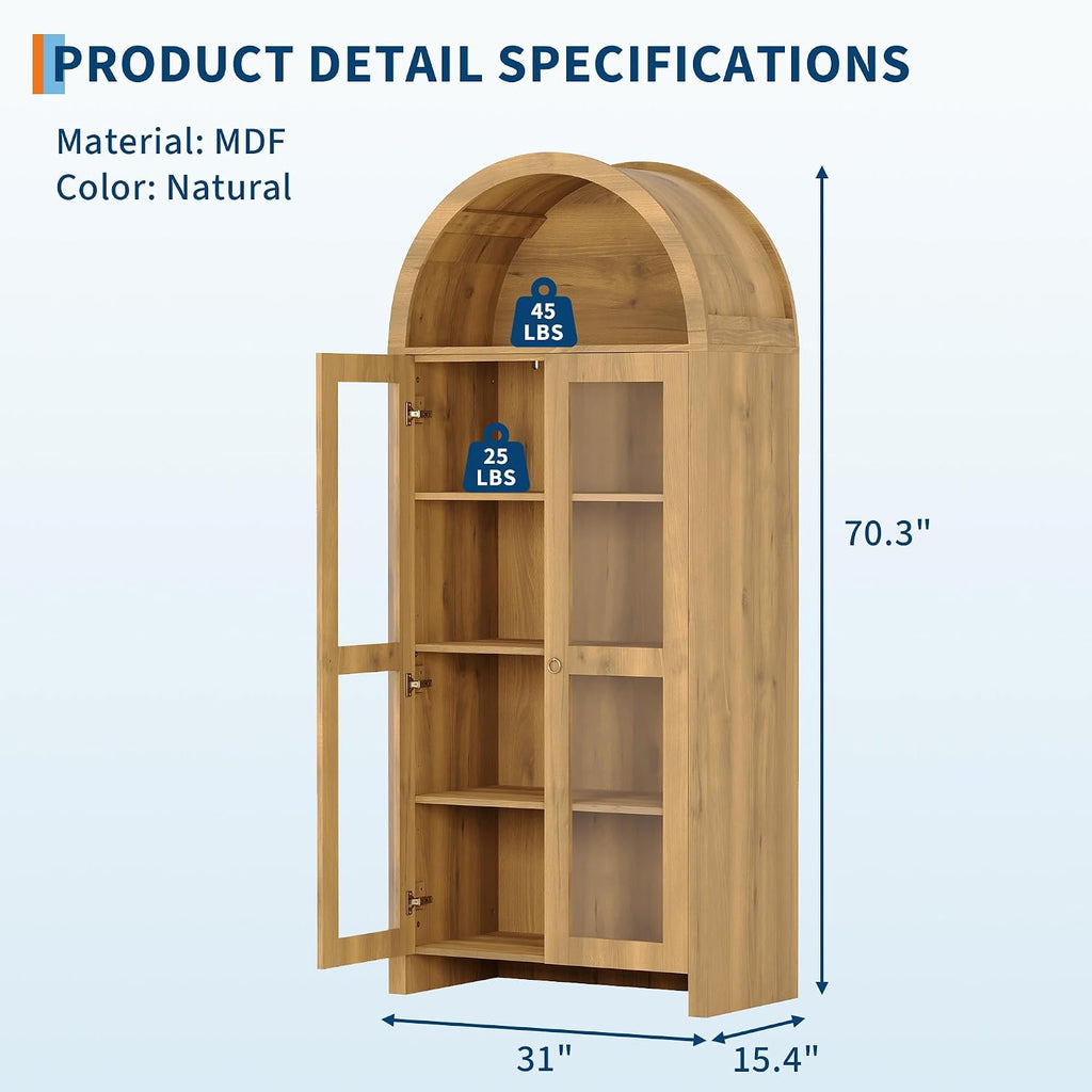 CuisinSmart 70" Tall Arched Storage Cabinet with 2 Acrylic Doors, Wooden Pantry Cabinet with Adjustable Shelves, Modern Accent Bookshelf for Kitchen, Dining Room, Living Room, Laundry, Oak