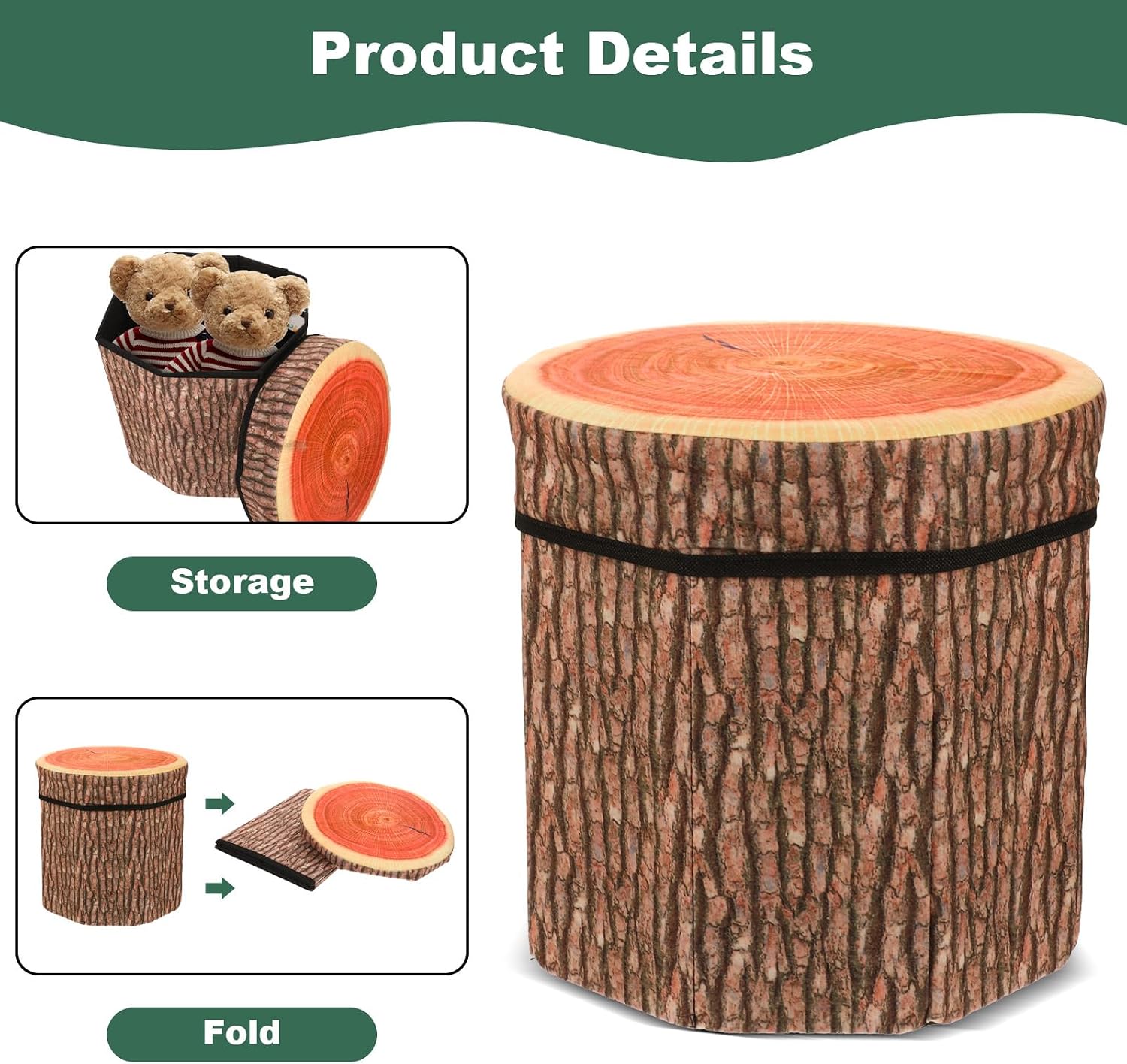 3 Pcs Tree Stump Storage Stool, 12 x 12 Inch Fiberboard Ottoman with Foam Cushion, Folding Toy Box and Foldable Seat Chest for Kids, Classic Design