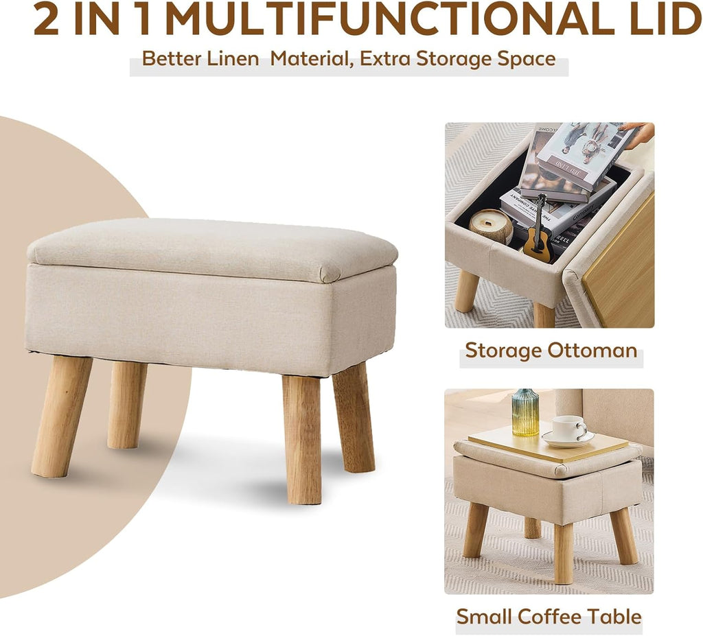 Storage Ottoman, Small Foot Stool Ottoman with Storage, Linen Foot Rest with Wood Legs, Footstool for Living Room, Bedroom, Entryway, Beige
