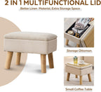 Storage Ottoman, Small Foot Stool Ottoman with Storage, Linen Foot Rest with Wood Legs, Footstool for Living Room, Bedroom, Entryway, Beige