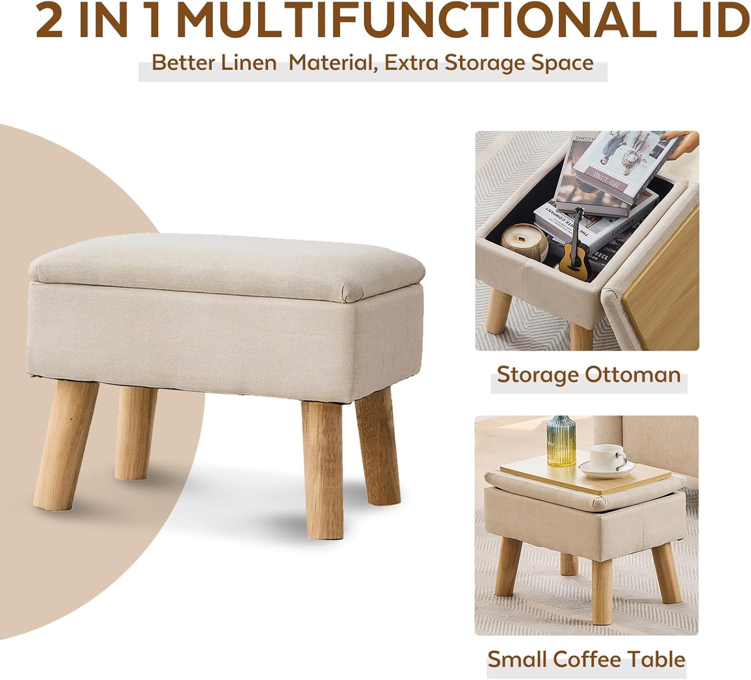 Storage Ottoman, Small Foot Stool Ottoman with Storage, Linen Foot Rest with Wood Legs, Footstool for Living Room, Bedroom, Entryway, Beige