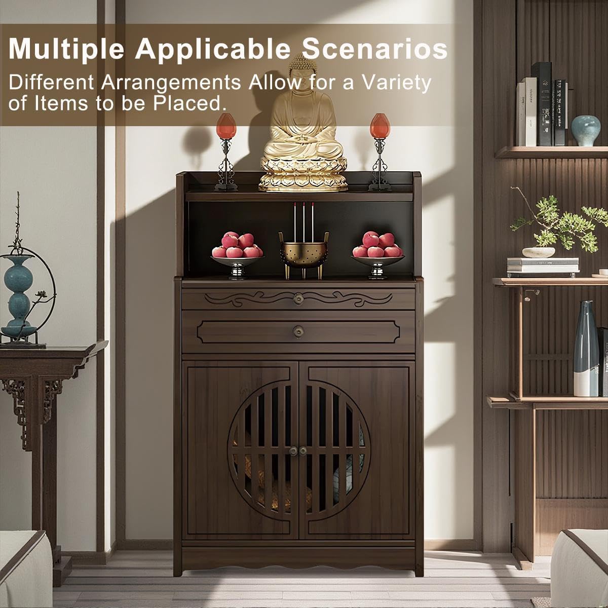Bamboo Buddhist Altar Table for Home - Meditation Table with Cabinet Door, Chinese for Altar Pooja Tables High Altars with Storage (Ruyi Style)