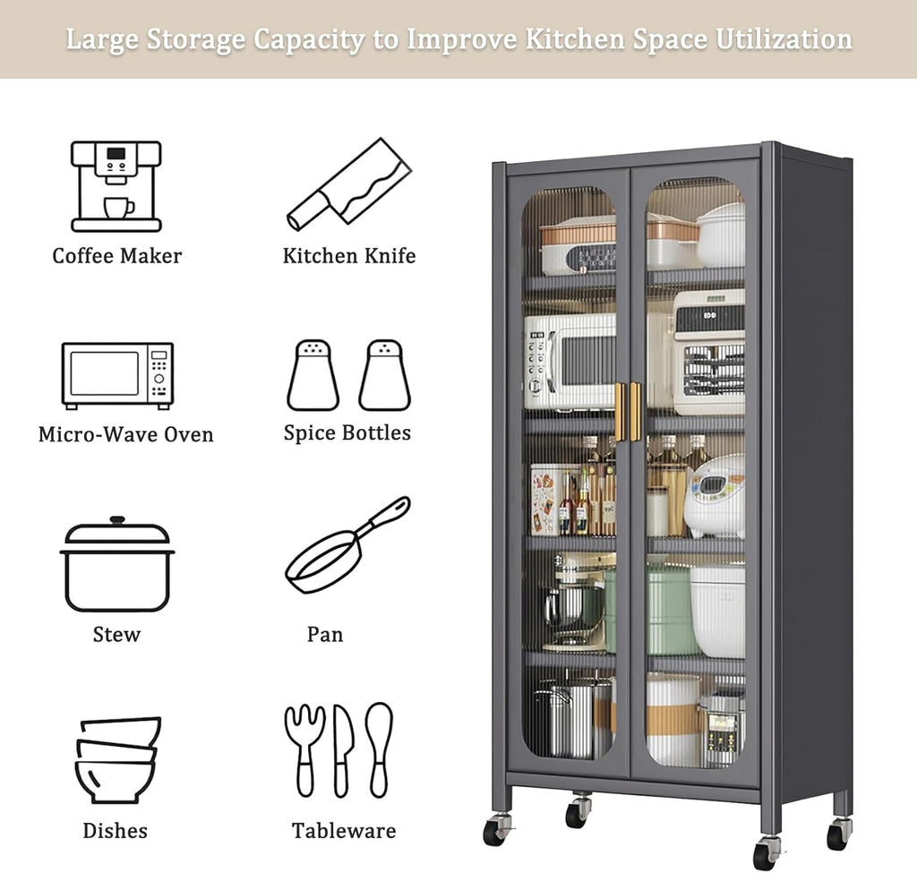 Ywin 65" Tall Kitchen Pantry Cabinet, Metal 6-Tier Storage Cabinet with Acrylic Glass Doors, Adjustable Shelves & Wheels, Utility Storage Cabinet for Living Room,Dining Room