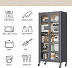 Ywin 65" Tall Kitchen Pantry Cabinet, Metal 6-Tier Storage Cabinet with Acrylic Glass Doors, Adjustable Shelves & Wheels, Utility Storage Cabinet for Living Room,Dining Room