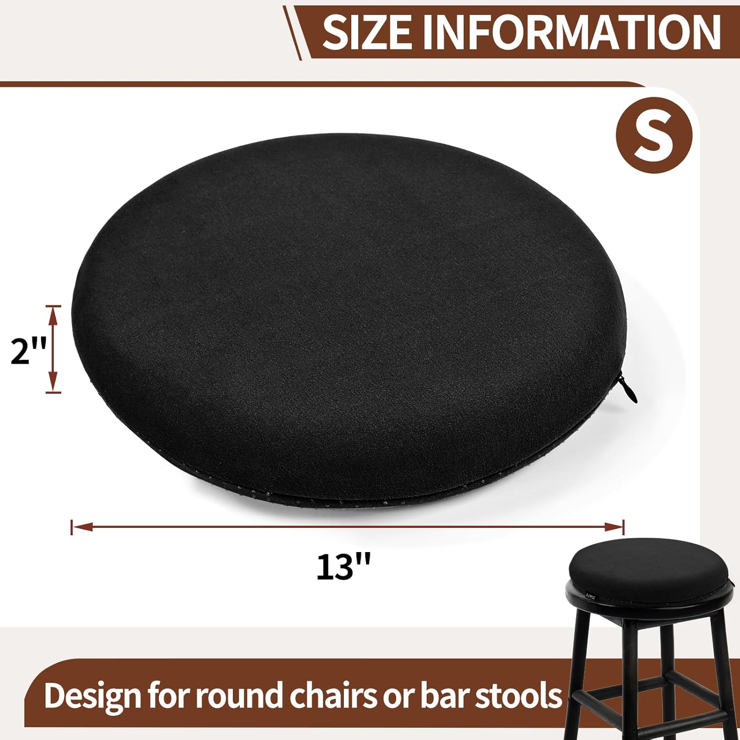 BUYUE Memory Foam Seat Cushion, Dia 13" Soft Velvet Round Stool Cushion Anti-Slip Chair Pads, S, Black
