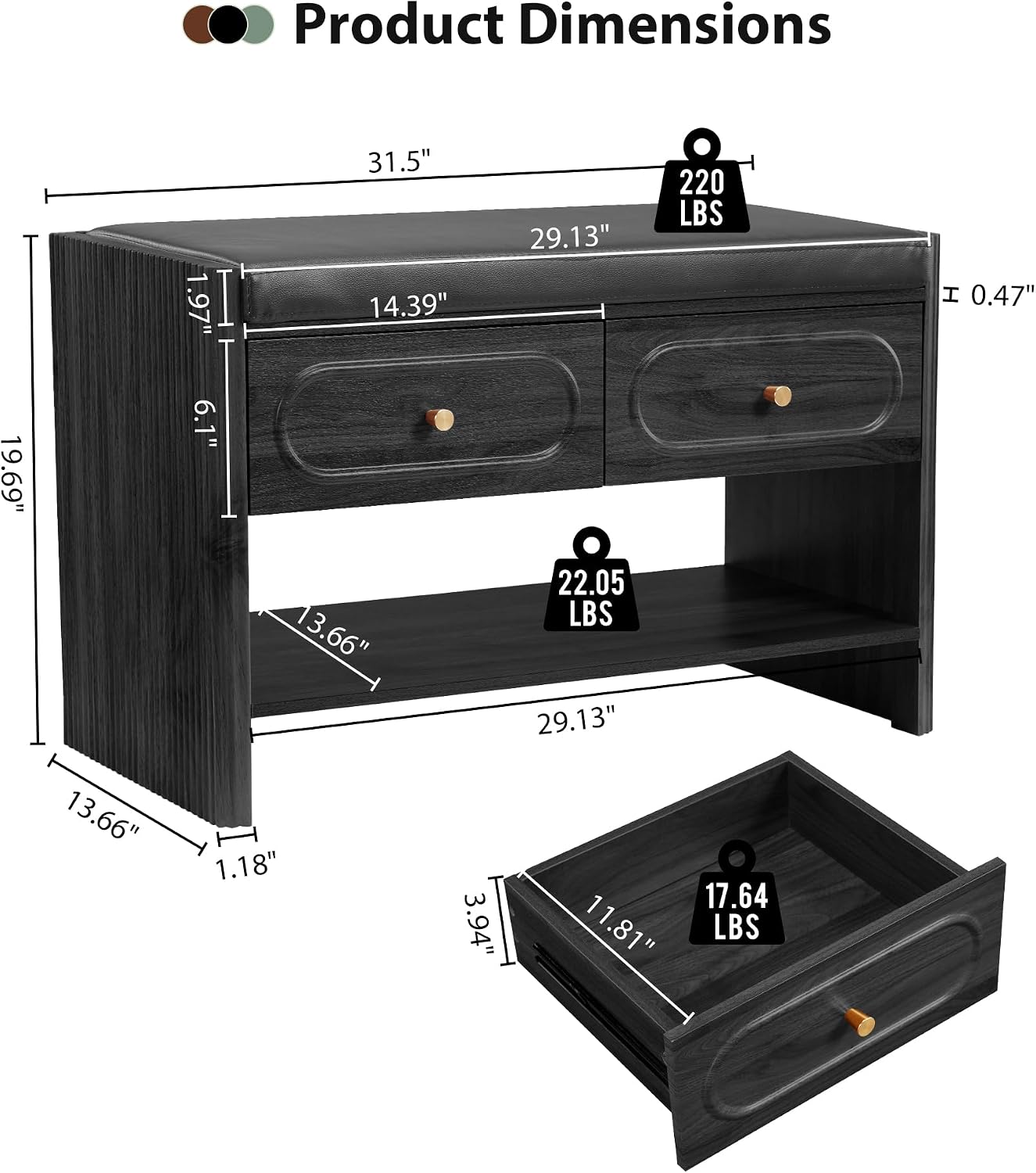31.5" Shoe Bench, Shoe Storage Bench with Drawers, Waterproof Entryway Benches with Leather Cushion for Bedroom Black