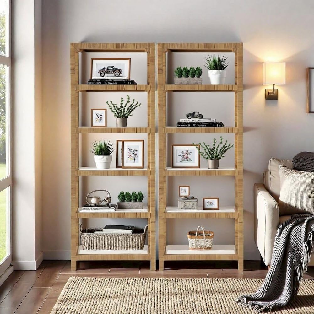 Starlight Canyon Home Rattan Bookshelf with Storage, Coastal 5 Shelf Bookcase with Glass Shelves and Open Back, Ideal for Modern and Rustic Interiors