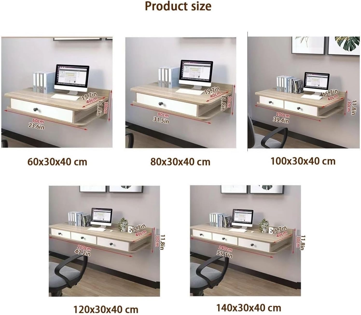 Floating Laptop Computer Desk Dressing Table Wall Mount Shelf with Drawer Wooden Bedside Tables Mounted Nightstand for Room All Occasion(White,120x30x40cm)