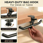 Desk Hook for Bag, Adjustable Purse Hook for Table (1-4cm/0.39-1.45in), Heavy Duty Carbon Steel Backpack Hanger, 80lb Capacity Clamp-On Bag Holder for Office, Classroom, Cafe, Home, and Gaming (Black)