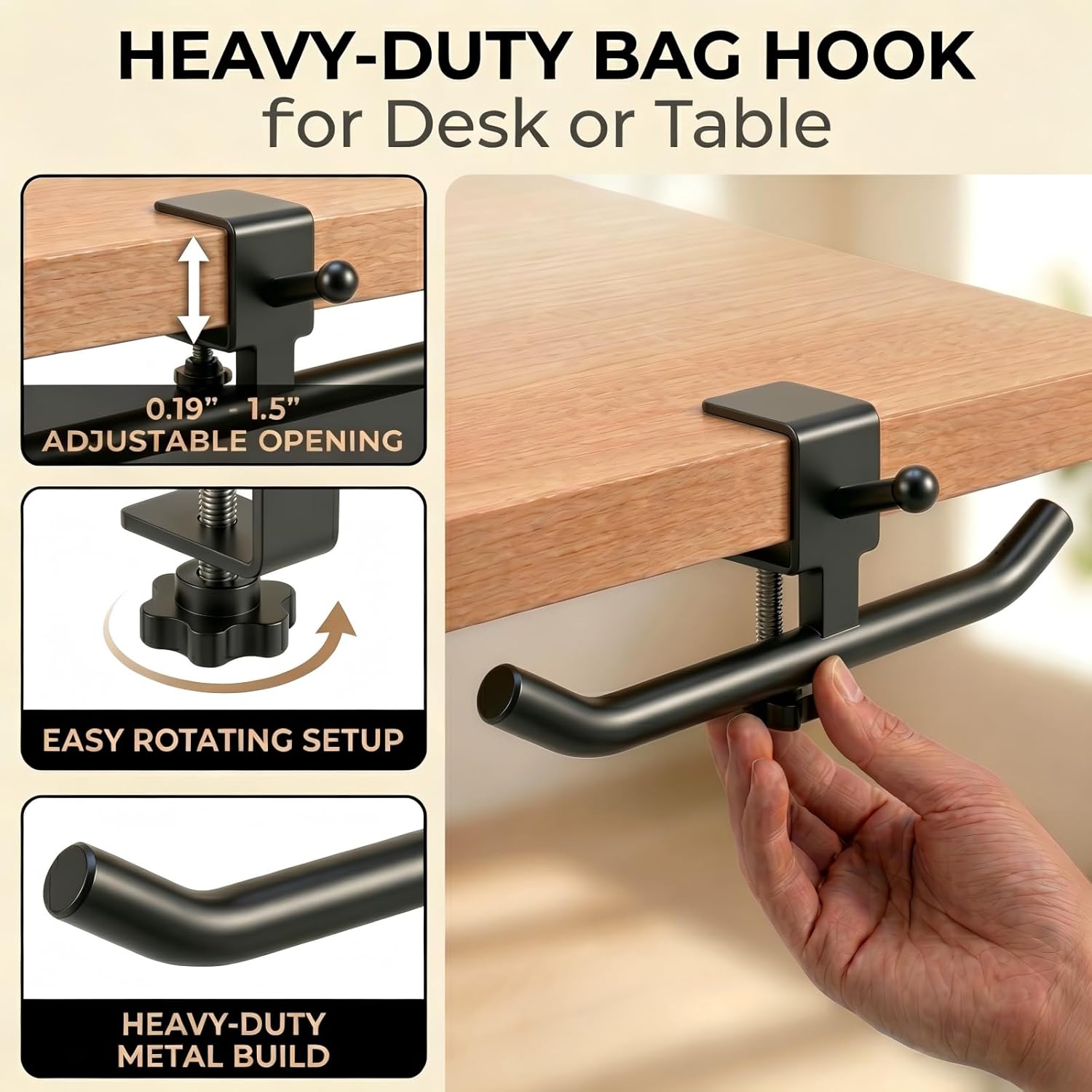 Desk Hook for Bag, Adjustable Purse Hook for Table (1-4cm/0.39-1.45in), Heavy Duty Carbon Steel Backpack Hanger, 80lb Capacity Clamp-On Bag Holder for Office, Classroom, Cafe, Home, and Gaming (Black)