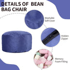 3 Feet Bean Bag Chair, Memory Foam Filled, Removable Cover, Bean Bag Chairs for Adults and Teens, Round Sofa Chair for Living Room, Bedroom and Gaming Room, Blue