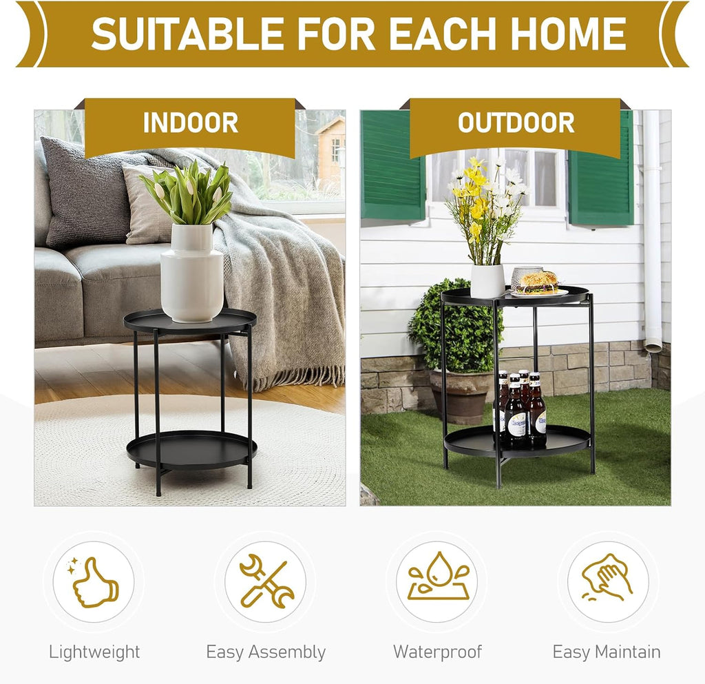 2 Tier End Table Metal Side Table Waterproof Small Sofa Coffee Side Tables Bedroom Indoor Outdoor for Living Room Bedroom Balcony and Office