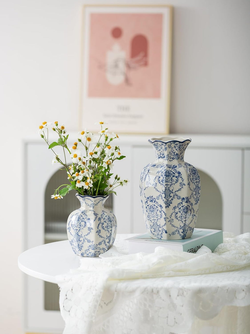 Blue and White Vase, Vintage Blue Ceramic Flower Vessel,Ceramic vases for Home Decor,Vintage Green and Beige for Console Table Mantle Chinoiserie Decor (Blue and White-01, Large)