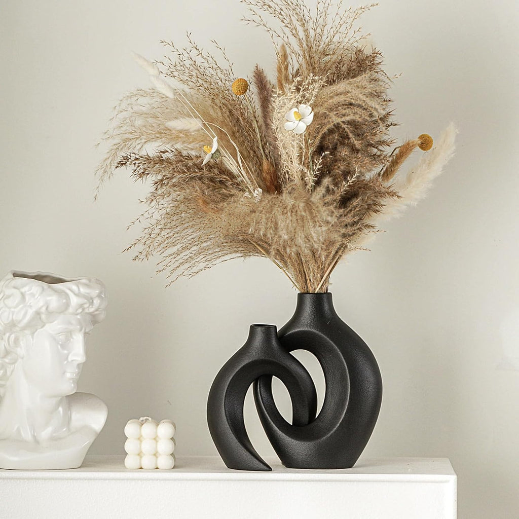 Levvohd Black Hollow Ceramic Vase Set of 2, Snuggle Round Boho Donut Modern Vase Nordic Minimalist Decorative Vase for Modern Trendy Home Table Centerpiece Decor (W 6.3" X H 8")