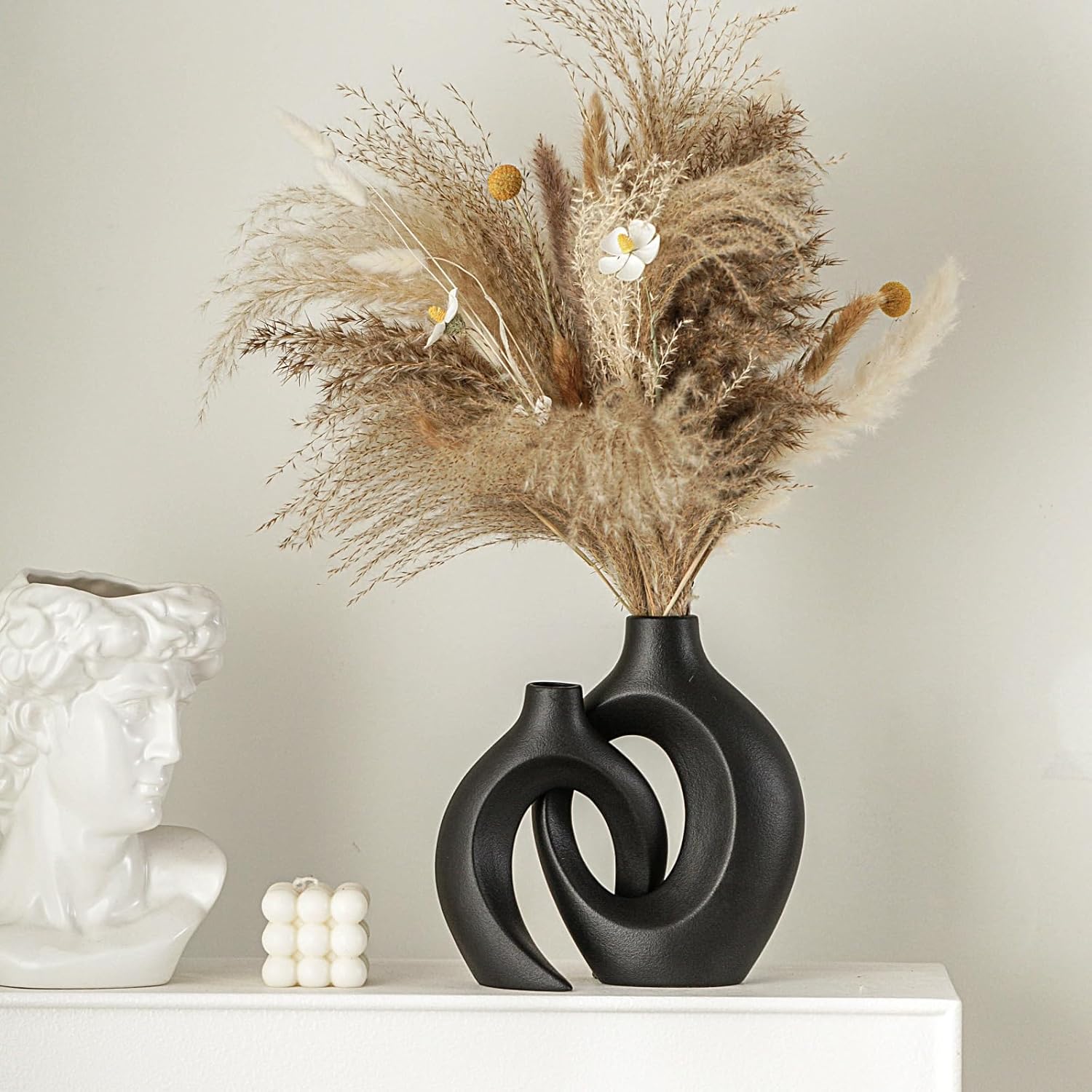 Levvohd Black Hollow Ceramic Vase Set of 2, Snuggle Round Boho Donut Modern Vase Nordic Minimalist Decorative Vase for Modern Trendy Home Table Centerpiece Decor (W 6.3" X H 8")