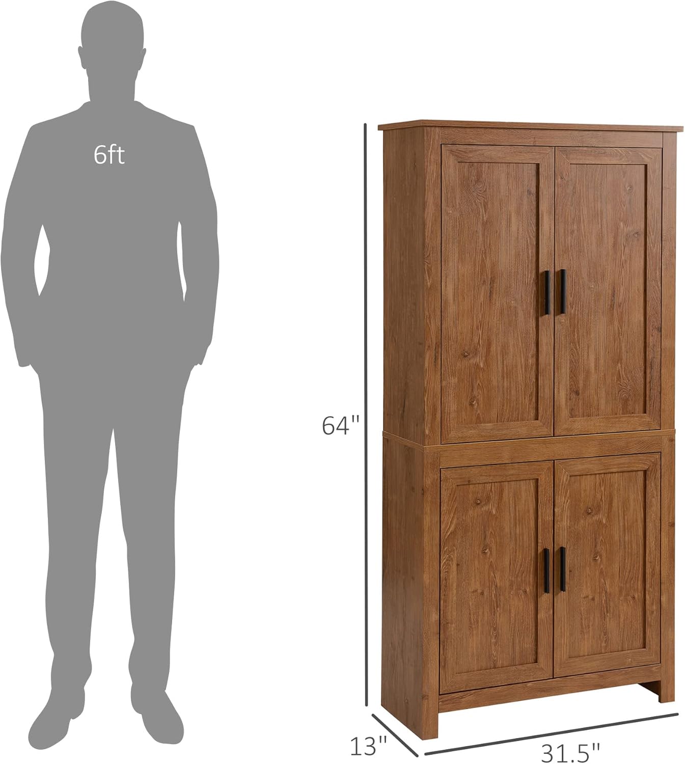 HOMCOM 64" Kitchen Pantry Cabinet, Freestanding Storage Cabinet with 4 Doors and 3 Adjustable Shelves for Dining Room, Oak