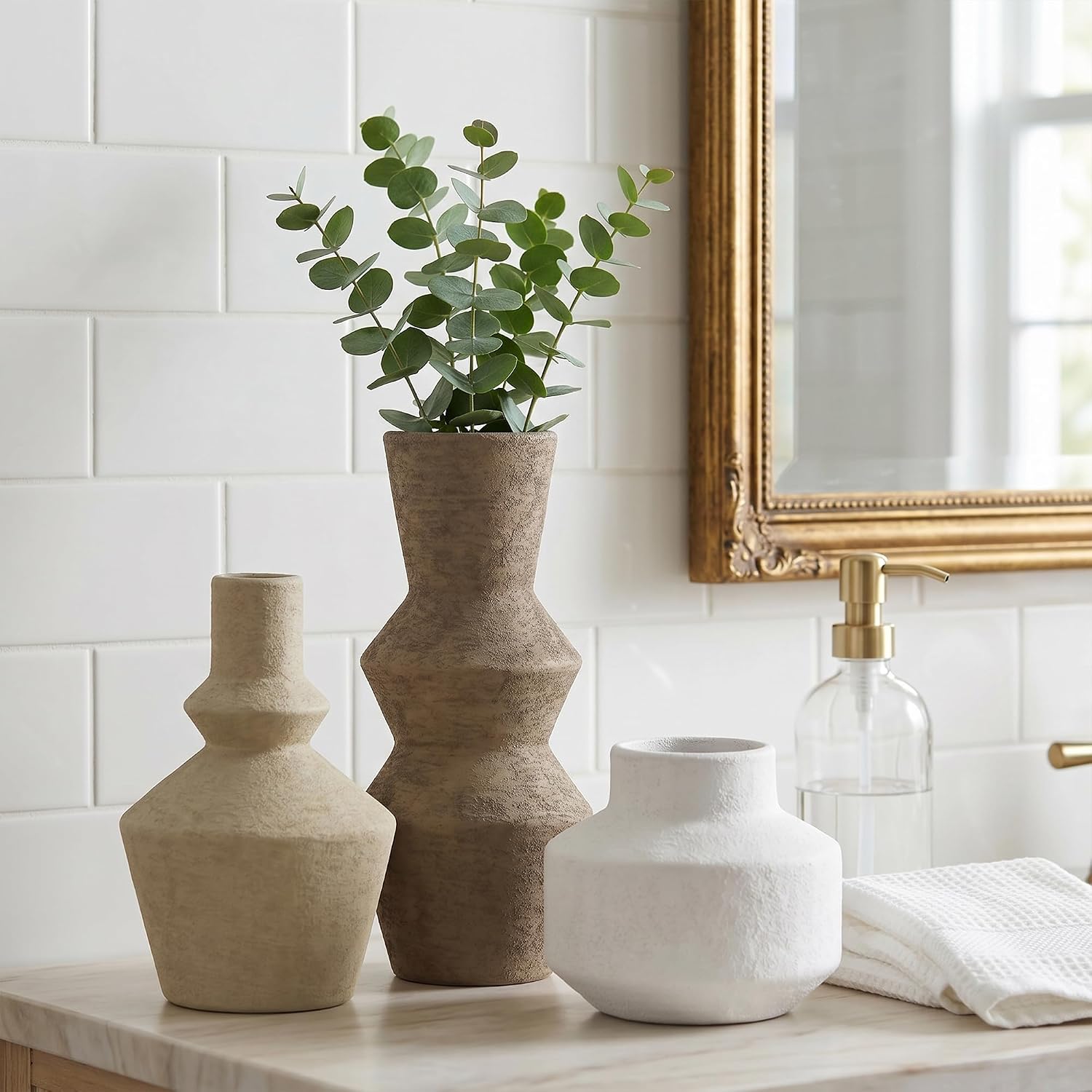 DREAMLOOM Ceramic Vase Set of 3, Modern Rustic Flower Vases for Pampas Grass, Dried & Fresh Flowers, Farmhouse Home Decor Vase for Living Room Bedroom Kitchen Shelf Centerpiece, Brown