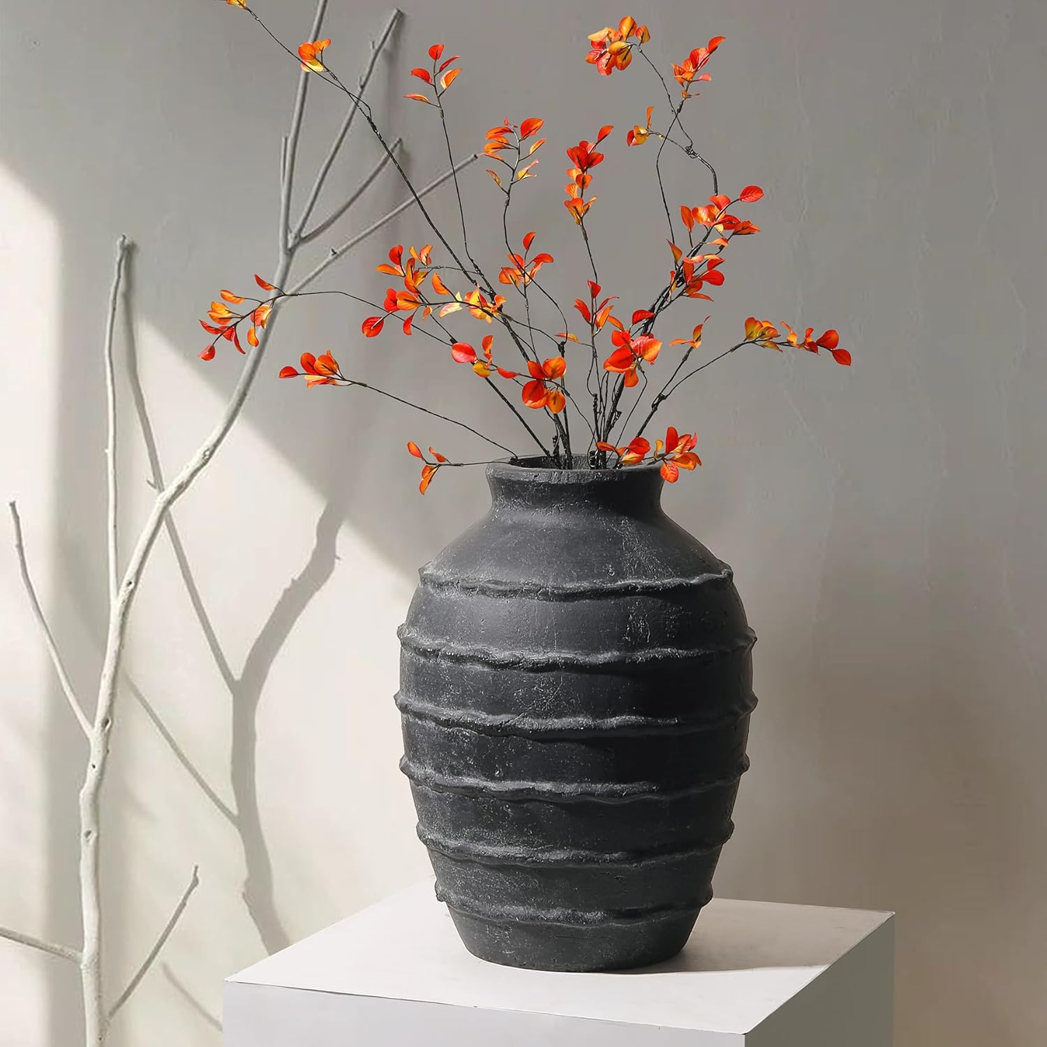 Kokrose Terracotta Vase, Black Vases Home Decor for Centerpieces, Large Vintage Rustic Flower Vase for Home Decor, Pottery Ceramic Vases, 11.2 Inch Table Top Fireplace Mantel Decor