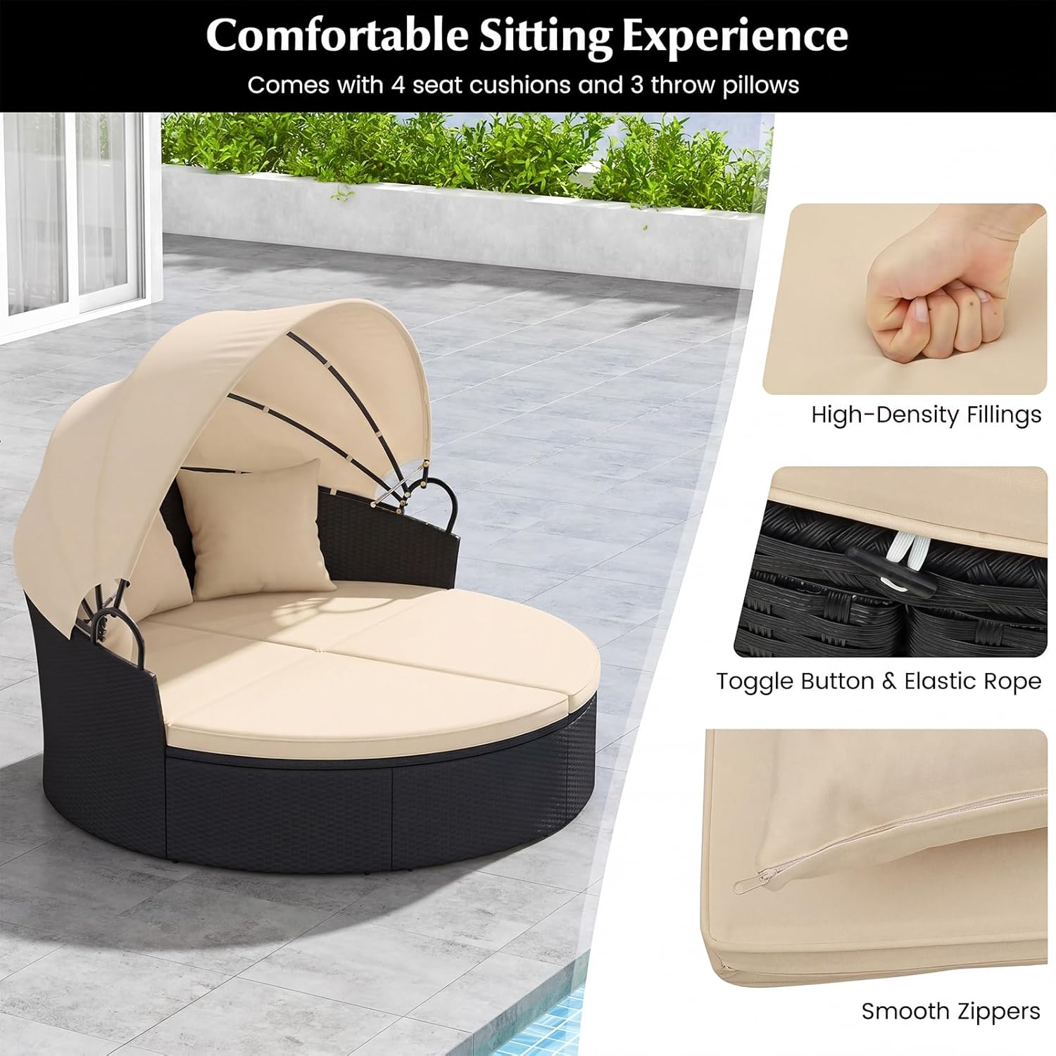 HAPPYGRILL Round Outdoor Daybed with Canopy, Wicker Rattan Sectional Sofa with Cushions, Patio Conversation Set for Lawn Garden Backyard Poolside (Black Beige No Table)